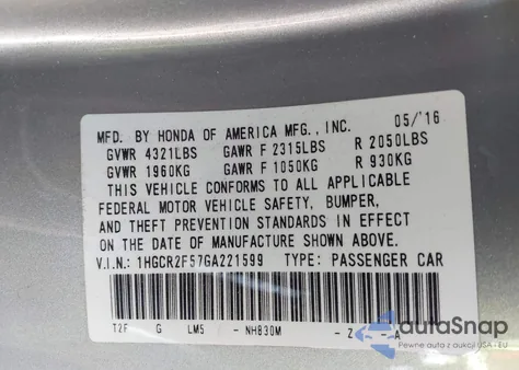 2016 Honda Accord Sport z USA, uszkodzony, nr VIN 1HGCR2F57GA221599